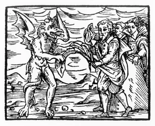 Homage to the Devil, kopia av en illustration från Compendium Maleticarum av Fr M Guaccius, Milano 1608, använd i History of Magic, publicerad i slutet av 1800-talet