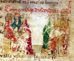 Hur oenigheten uppstod i den romerska kyrkan: schismen mellan 1378 och 1417. Handskrift från 1300-talet i "Croniche del Sercambi". Statsarkivet, Lucca.
