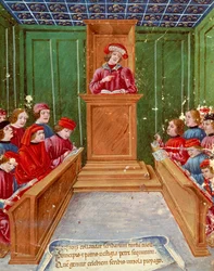Humanism:”” Undervisar i notarialrätt vid universitetet i Bologna”” Miniatyr från ett 1400-talsmanuskript Museo Civico, Bologna