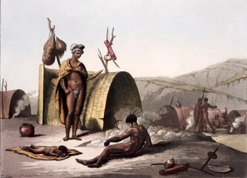Bussmännens hyddor och lägerliv, från Costumi dei... av Giulio Ferrario, ca 1820-30-talet