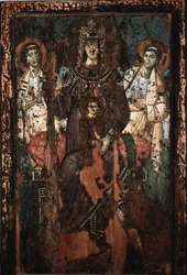 Ikon av Jungfrun av Clemence eller Madonna Theotokos Målning av en l"encaustic et tempera 8th century Church of Saint Mary in Trastevere