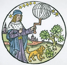 Idealporträtt av Aristoteles (384-322 f.Kr.), kopia av en illustration från Aristoteles cum Leonardi Aretini Commentariis, Venedig 1516, använd i en magihistoria, publicerad i slutet av 1800-talet (la