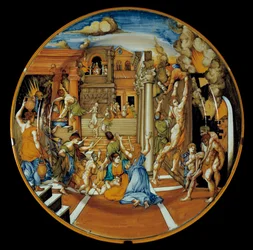 Iliaden av Homere: fajansfat som representerar Trojas eld. förverkligat i Faenza. 1525-1530. Paris, Louvren