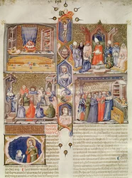 Belysning uppdelad i fyra scener: En juristkonsult vid sitt bord; En påve som erbjuds en bok; En lektion i en juridisk högskola; En bokhandel med en historisk huvudstad med St. Catherine och en Or