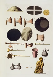 Inkaverktyg och artefakter, Peru, från Le Costume Ancien et Moderne, Volym II, plåt 22, av Jules Ferrario, publicerad ca 1820-30-talet