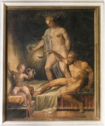 Spädbarnet Hercules stryper ormarna, från Gula rummet, Rocca Meli Lupi, Soragna, Parma