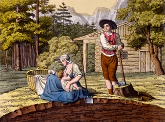 Invånare i de österrikiska alperna som bygger ett hem, från Costumi dei Romani, Svizzeri.. c.1800-18