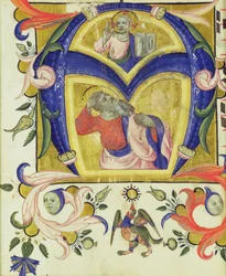 Initial A föreställande Jesus Kristus och ett helgon, tidigt 14:e