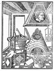 Interiörvy av en metallurgiverkstad Gravyr från "Voarchadumia contra alchimiam ars distincta ab archimia et sophia.." av Giovanni Agostino Pantheo (1517-1535)