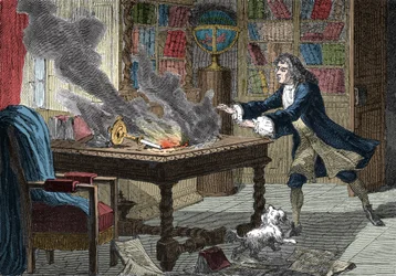 Isaac Newtons hund välter ett ljus och sätter eld på hans papper