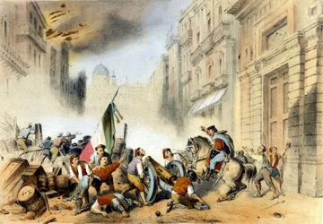 Italienska förena sig: den 26/05/1860 gick Giuseppe Garibaldi, i spetsen för sina röda skjortor, The Thousand, in i Palermo på Sicilien och slog ett avgörande slag mot bourbonernas kungarike i Neapel. Gravyr av 1800-talet