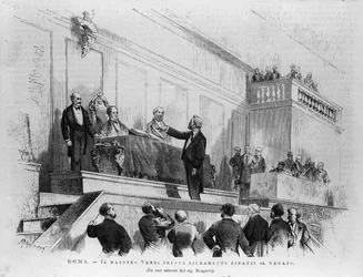 Den italienske kompositören Giuseppe Verdi (1813-1901) utnämndes till senator i senaten 1874, Rom. Gravyr från 1875.