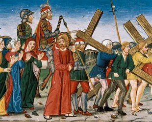 Jesus leder till Golgata och de heliga kvinnorna på vägen. Manuskript av Cristobal de Predis (1440-1486)