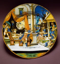 Josef och Potifars hustru. Josef flyr från Potifars hustru, som försöker förföra honom. Keramiktallrik tillverkad i Urbino, Italien. Omkring 1537. Museo Nazionale del Bargello, Florens