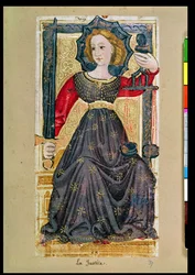 Rättvisa, tarotkort från leken "Karl VI" eller "Gringonneur" (handmålat kort)
