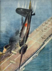 Kamikazeflygaren Abe attackerar ett brittiskt hangarfartyg, illustration från "La Domenica del Corriere", 5 november 1944 (tryck)
