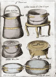 Köksredskap: Tallrik som föreställer olika typer av grytor, grytor, grytor. Gravyr från "Opera", bok om gastronomi uppdelad i 6 delar, av Bartolomeo Scappi, personlig kock av påven Pius V. Venedig
