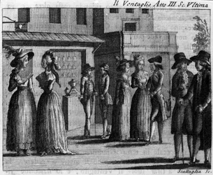 Sista scenen i akt III av det komiska stycket "" Il ventaglio"" (The eventel) (1764) av Carlo Goldoni (1707-1793). Gravyr av 1700-talet