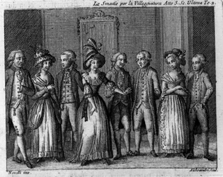 Sista scenen i akt III av det komiska stycket "" Le smania per la villeggiatura"" (Staden) (1761) av Carlo Goldoni (1707-1793). Gravyr av 1700-talet