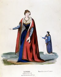 Leonoras kostym för den första representationen av Trouvère (Trovatore) av Giuseppe Verdi (1854) biblioteca de la scala de Milan