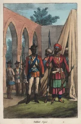 Les sepoys (cipaye, cipahi, cepoy, sipahi), armé sammansatt av indianer i tjänst för Ostindiska kompaniet - indisk sepoy (soldat) - gravyr från "Seder och seder hos alla folk i universum. Det är historien om regeringen, lagarna, milisen, d