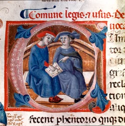 Letterline dekorerad av två tecken. Miniatyr hämtad från codex "Breve delle Leggi comunali", index över lagarna i Republiken Pisa (1208-1307). 1200-talet. Pisa, riksarkiv