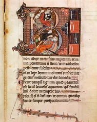 Lettrin B dekorerad av representationen av kung David som spelar pslaterion och som däckar Goliath Page från manuskriptet "" Psalterium Cum Calendario"" Padua från 1200-talet, seminariets bibliotek