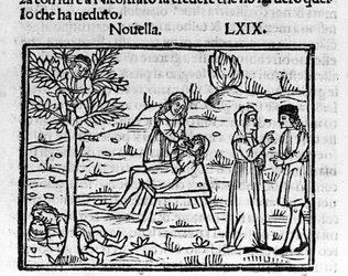 Lidia, en äktenskapsbrottsfru, överraskas av sin man i Pirros famn. Illustration för nyheterna 69 (ny 9 av den sjunde dagen) av "Decameron"" av Giovanni Boccaccio dit Jean Boccaccio (1313-1375), italiensk författare. Gravyr i "" Decamerone över Cento nr