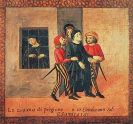 Antonio di Guiseppe Rinaldeschis liv - Tagen från fängelset för att prövas, Florentine School (olja på panel) (detalj)