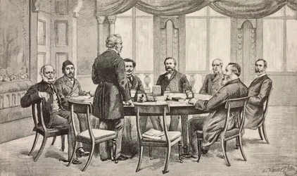 Londonkonferens om Egypten, Storbritannien: greve Munster, Musurus Pasha, Granville (stående), greve Nigra, Waddington, De Staal, Childers, greve Karolyi, gravyr från teckning av Edoardo Ximenes, från L