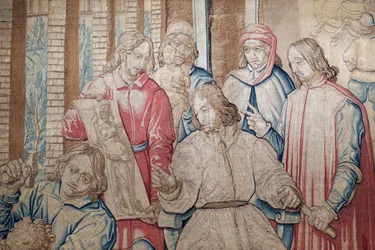 Lorenzo den magnifika bland skulptörerna och målarna i Medici-trädgården i San Marco. Gobeläng 1516. Genua. Italien.