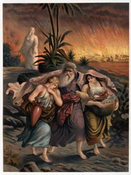 Loth undkommer Sodoms förstörelse med sina två döttrar och hans fru förvandlas till en staty av salt - i "Golden classic Bible: history of divine revelation in the ancient and in the new thesis" "av Giovanni Ladislao Sykora (vol. 1) , översätta