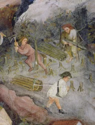 Skogshuggare på jobbet. Att fälla träd i skogen (fresk)