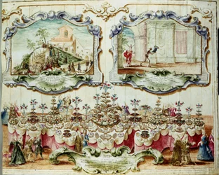 Lunch ges för att hedra Bologna-adeln för högtiden för Saint Bartholomew (eller Bartholomew). 1723. Archivio di Stato di Bologna.