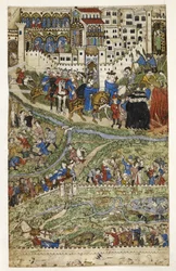 MS Add.27695 fol.6v Förstörelsen av tempelriddare och döden av kung Filip IV (1268-1314) av Frankrike, illustration från 