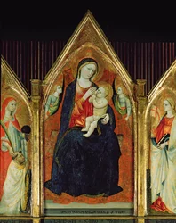 Madonna nursing the Christ Child med helgon (tempera på trä) (detalj av 254064)