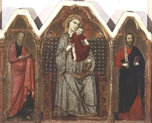 Madonna och Child Enthroned, med SS. Johannes evangelisten och Paulus, Riminesiska skolan (triptykpanel)