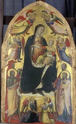 Madonna och barn på en tron av moln med helgon och änglar, ca 1415-20 (tempera på poppelträ)