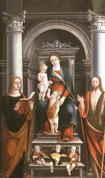 Madonna och barn tar emot en ros från spädbarnet St. Johannes Döparen, med helgon och änglar av M.B. (monogram)