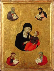 Madonna och barn med de fyra evangelisterna (tempera och bladguld på panel)
