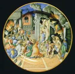 Maiolica-tavla som föreställer bränningen av Troja med Aeneas som bär sin far Anchises på ryggen med sin son Ascanius vid sin sida, italienska