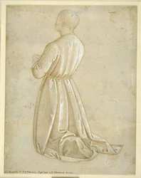 Man som knäböjer i bön, sett bakifrån (metalpoint med gouache på papper)