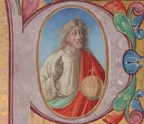 Manuskriptbelysning med Salvator Mundi i ett initialt P, från en körbok (tempera, bläck och guld på pergament)