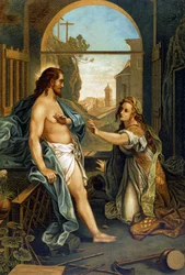 Maria Magdalena assistent till Kristi lidande i "Gyllene klassiska Bibeln: historia om gudomlig uppenbarelse i det gamla och i det nya strävan" av Giovanni Ladislao Sykora (bd 2), översatt av Don Clemente Benetti. (Italiensk bibel)