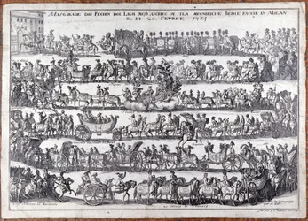Maskerad: procession och dans av människor masker med anledning av karneval. Milano 1764-02-20 Gravyr från 1700-talet