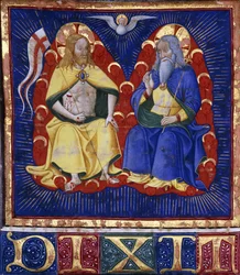 Master of the Vitae Imperatorum: The Trinity, miniatyr från en upplyst körbok på veläng, ca 1440 (målad och polerat guld på veläng)