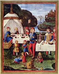 Maximilian Sforza som barn åt en måltid i trädgården, illustration från en kopia av 