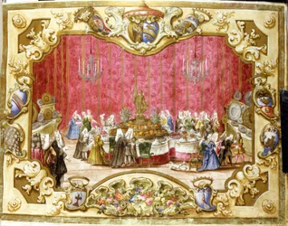 Måltid ges för att hedra gonfaloniern Zambeccari för rättsväsendets engagemang. 1720. Bologna, Statsarkivet.