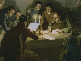 Möte med de första partisanerna som gjorde motstånd mot ockupanterna, Carbonaris födelse, illustration från ett album om Risorgimentos historia gjord för choklad Talmone, sent 1800-tal (chromolitho