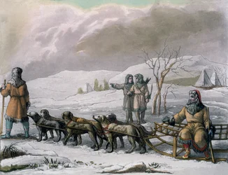 Män från Kamchatska, med en hundsläde, från Costumi dei... av Giulio Ferrario, ca 1820-30-talet